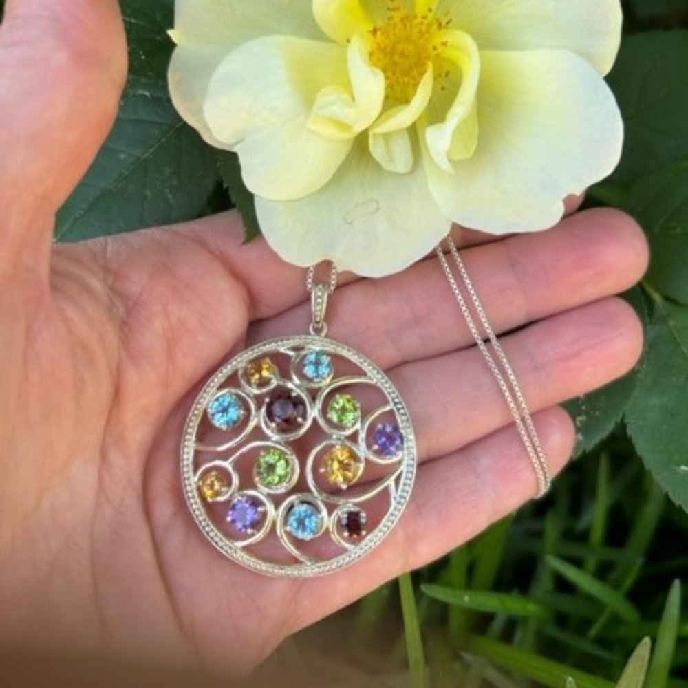 925 STERLING SILVER Round Open Swirl Multi-Color Rhinestone Pendant NECKLACE